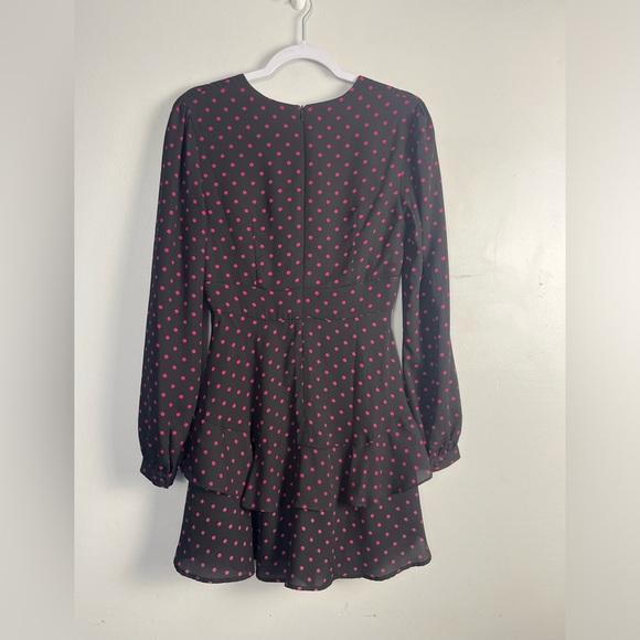 WAYF Womens Black Pink Dot Mini Dress Sz S NWT V-Neck Skater Long Sleeve Roland - Picture 9 of 9